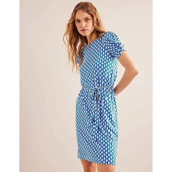 Boden Blue White Knot Detail Jersey Geometric Knee Length Tie Waist Dress Size 4 - Picture 1 of 13